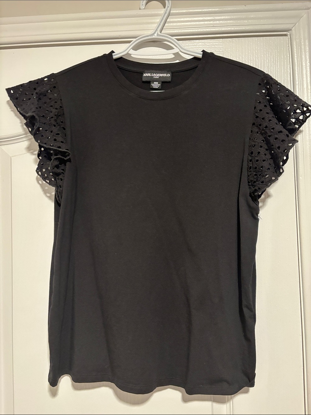 Karl Lagerfeld Black Eyelet Flutter-Sleeve Tee
